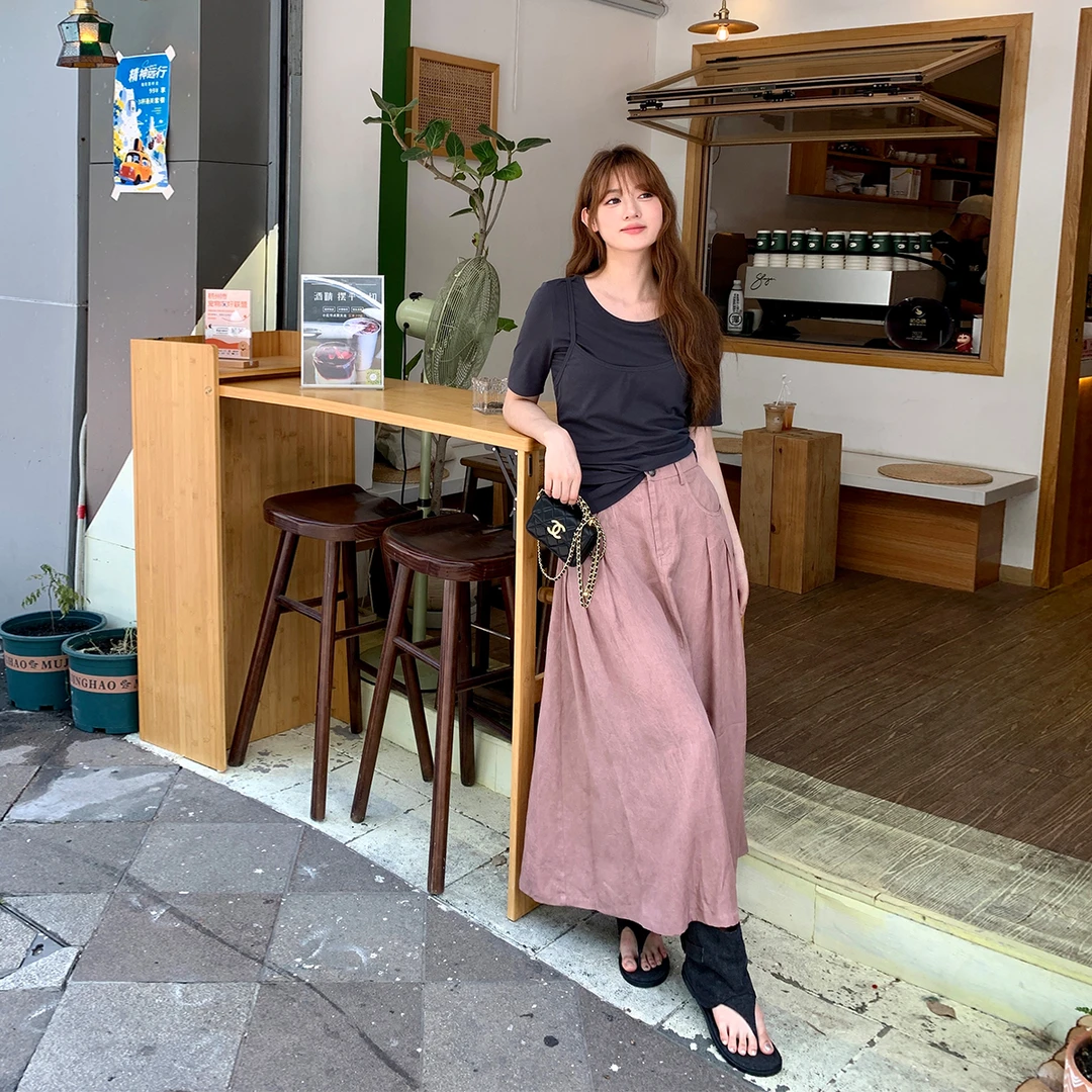 晶咕白标~假两件吊带拼接设计短袖镂空T恤女夏季大码百搭上衣