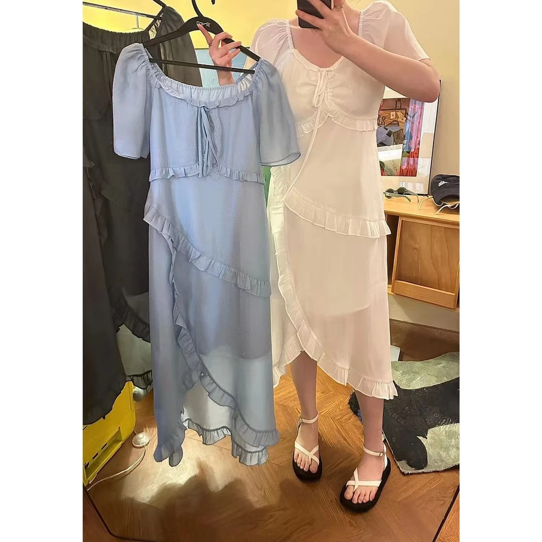 晶咕JGGU「白岛梦境」木耳边设计显瘦收腰连衣裙春天仙女裙气质