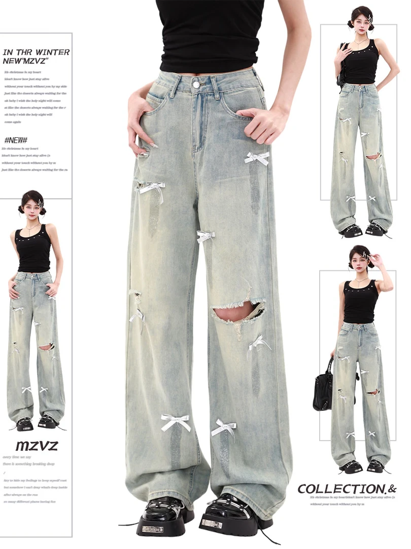 美式蝴蝶结破洞牛仔裤女夏季新款爆款设计感小众高腰直筒阔腿裤子