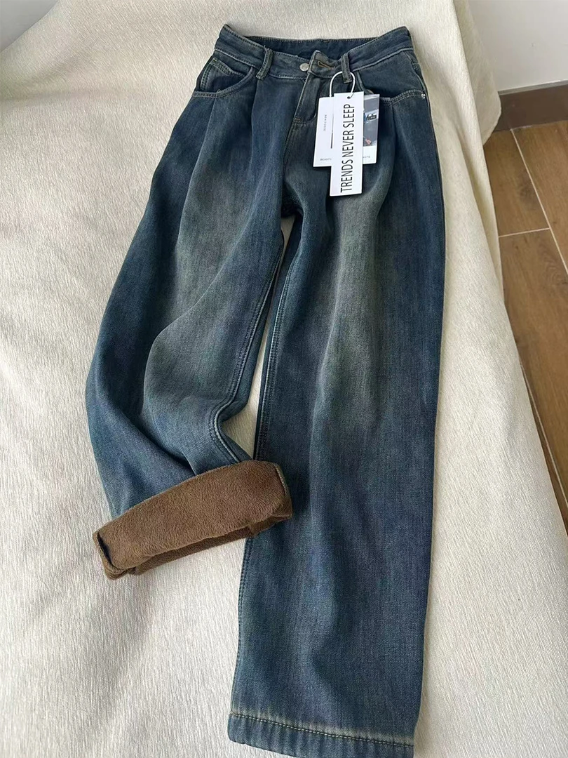 美式复古水泥灰高腰阔腿牛仔裤女2025冬季新款宽松显瘦直筒拖地裤