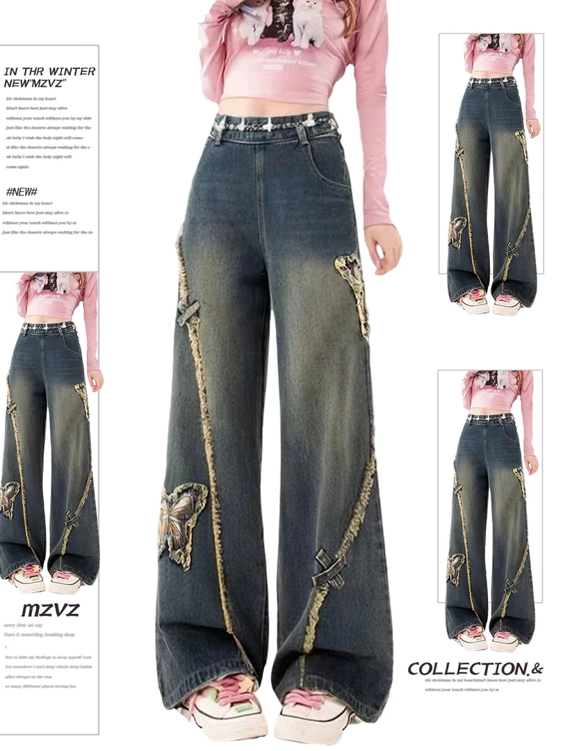 美式蝴蝶结贴布侧边拉链牛仔裤女秋冬设计感水洗高腰毛边阔腿裤子