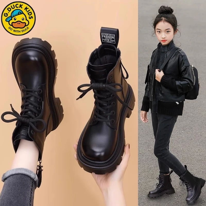 小黄鸭女童靴子2025秋冬儿童英伦风马丁靴中大童加绒棉靴公主单靴