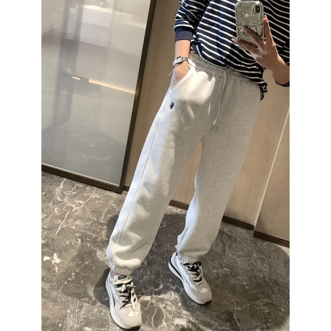 现货直发宽松加绒冬季新款小马刺绣加厚灰色卫裤保暖百搭显瘦