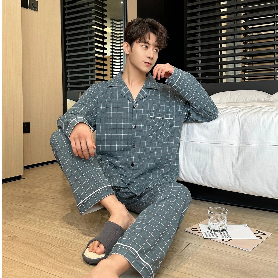 新款男家居服大码套装男士秋冬长袖居家服宽松棉睡衣130-151