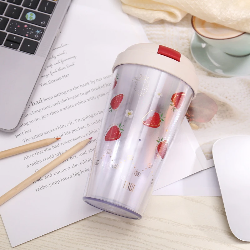 Face可爱家用创意大容量便携韩版带盖水杯网红透明简约双层