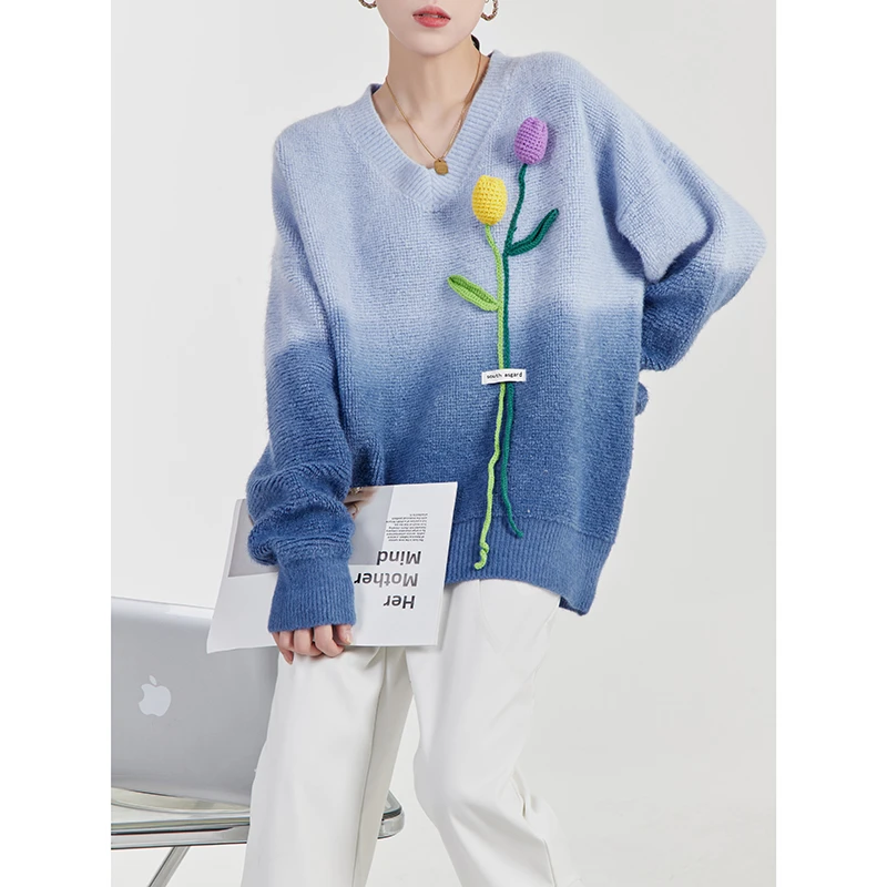 福利捡漏软糯慵懒风高级感超好看郁金香V领毛衣法式渐变色宽松