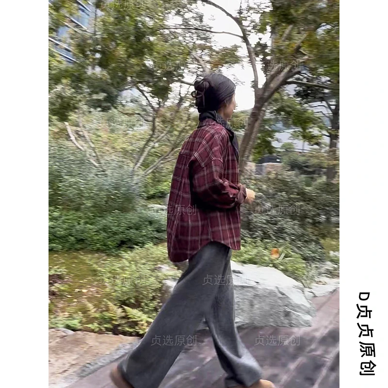 24299-格子棉衬衫外套秋冬新款宽松韩版百搭衬衣慵懒上衣