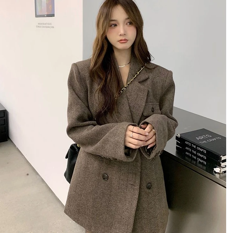 咖色复古西装毛呢外套女秋冬气质高级感宽松中长款人字纹呢子大衣