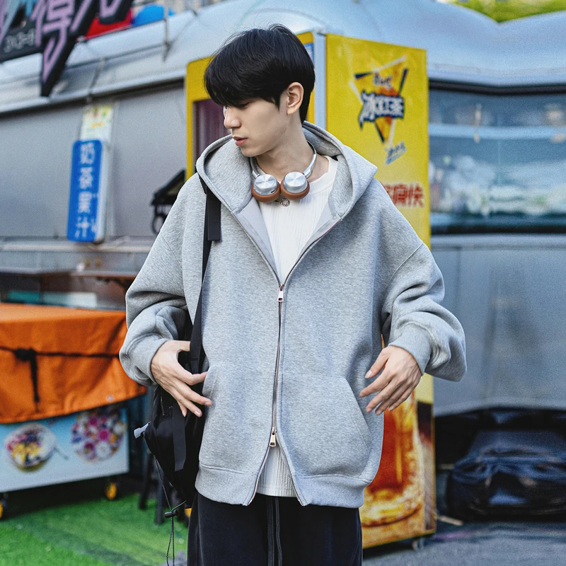 白花灰连帽卫衣男款春秋baggy风松弛感慵懒开衫高级感双拉链外套