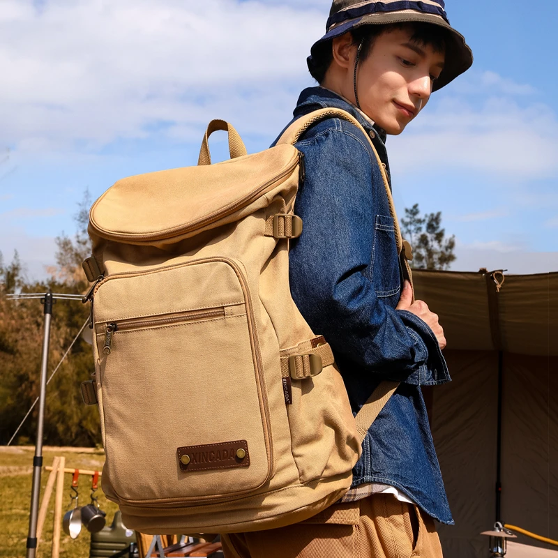 双肩包休闲帆布包复古韩版潮流户外时尚男士多功能电脑包学生书包