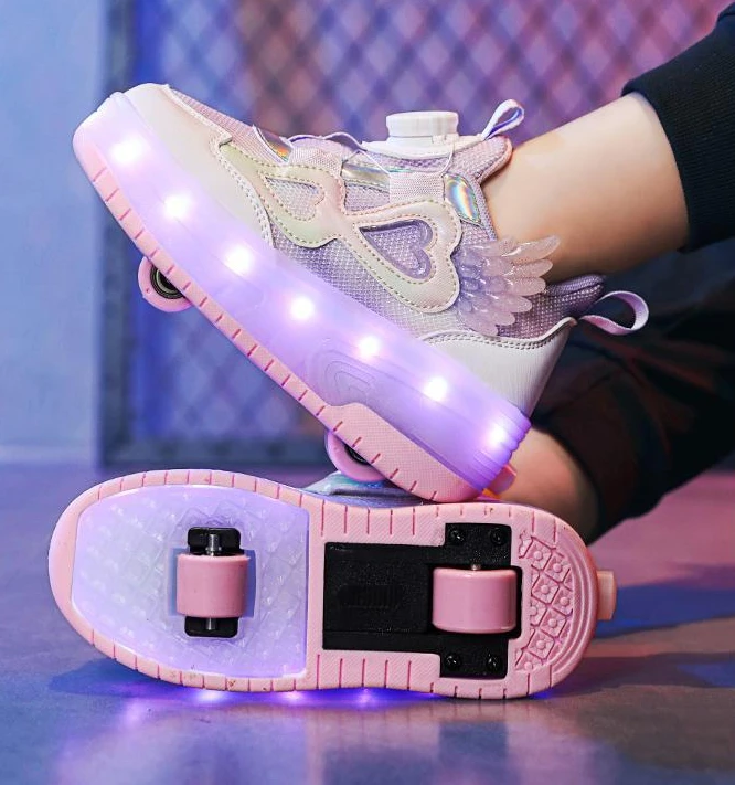 旋转扣儿童溜冰双轮暴走鞋闪灯轮滑鞋双轮暴走鞋可充电自动收缩鞋