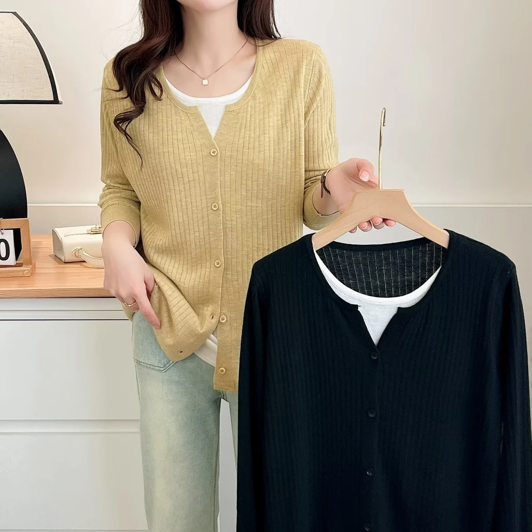 2025年春季新款时尚百搭大码显瘦假两件针织打底衫100—200斤