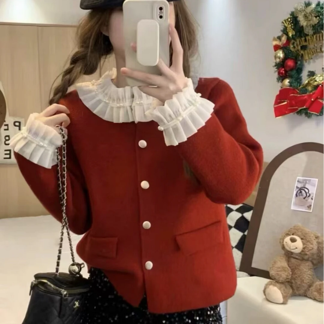 2024年秋冬爆款时尚百搭大码显瘦减龄花边领毛针织开衫100—200斤