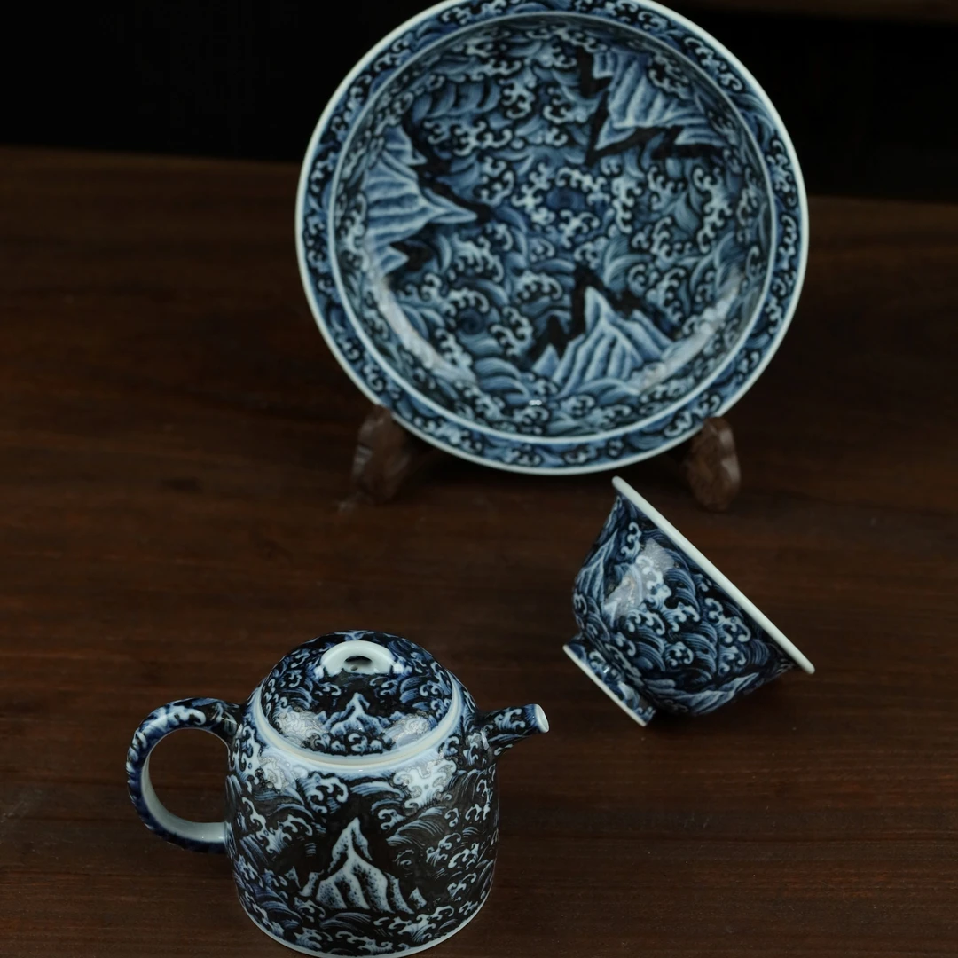 布一窑柴窑青花仿明海水江崖秦权壶壶承主人杯景德镇陶瓷