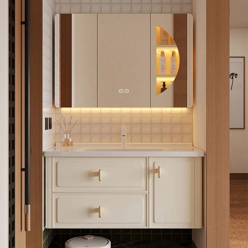 陶瓷一体盆浴室柜奶油风洗手盆柜组合卫生间洗漱台实木橡木卫浴柜