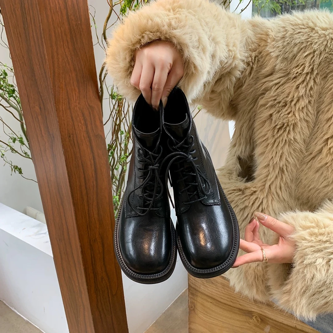 马丁靴英伦风女潮春秋加绒保暖圆头厚底短靴1992-3年新款