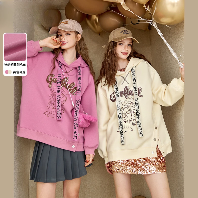 美式印花连帽卫衣女2024秋新款宽松休闲慵懒风中长上衣时尚百搭潮