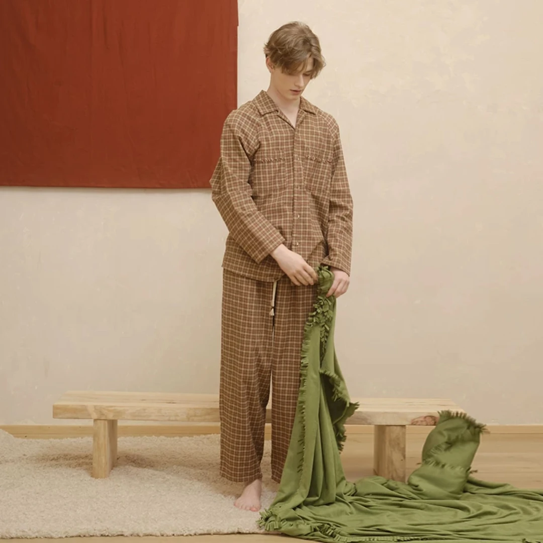 242-432朵朵可可睡衣男2024年秋冬男士流苏小翻领格子长袖套装