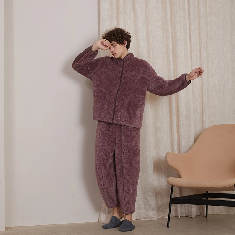 212-411朵朵可可珊瑚绒睡衣男秋冬加厚立领帅气保暖家居服套装