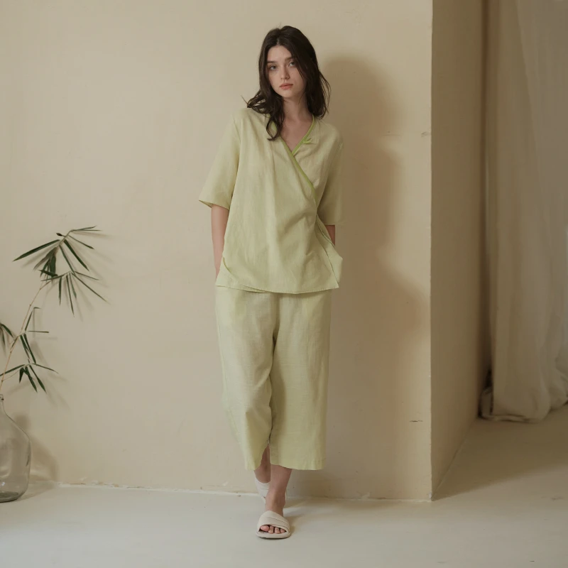 241-036朵朵可可睡衣女24春夏新款棉新中式国风V领中袖茶服家居服