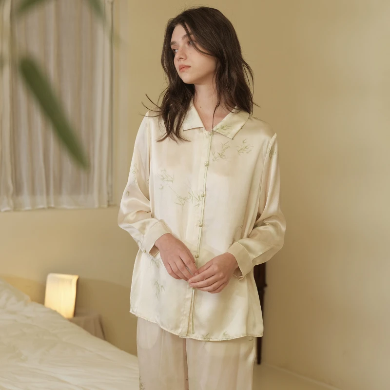 241-083朵朵可可睡衣女2024春夏桑蚕新中式竹印花长袖长裤家居服