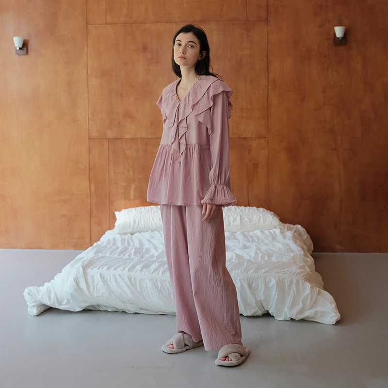 232-041朵朵可可睡衣女春秋季新款长袖棉荷叶边甜美家居服套装