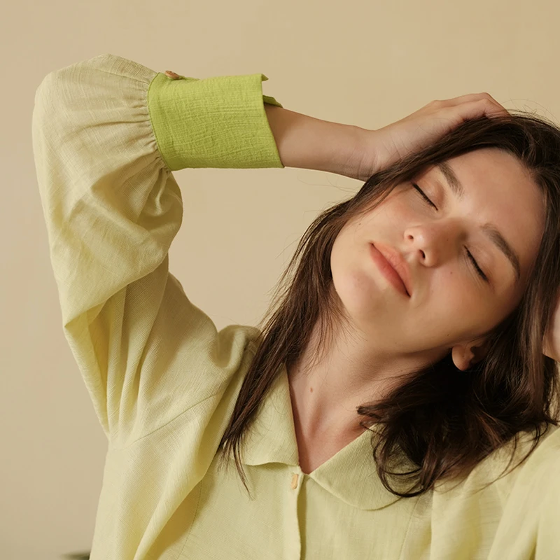 241-009朵朵可可2024春夏新款纯棉甜美娃娃领长袖袖口拼接家居服