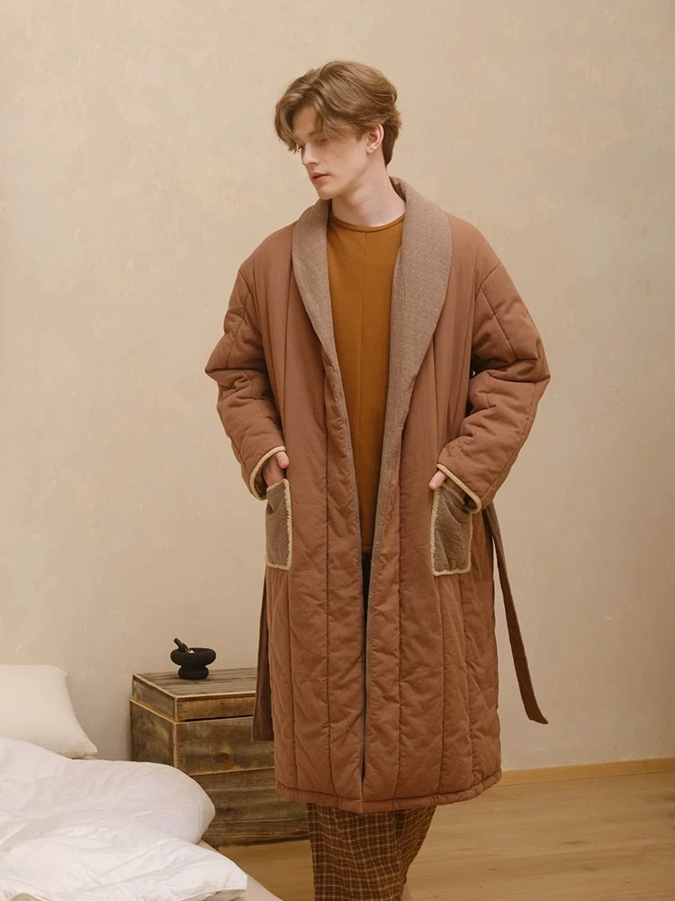 242-440朵朵可可睡衣男2024秋冬季加厚三层夹棉翻领系带长款睡袍