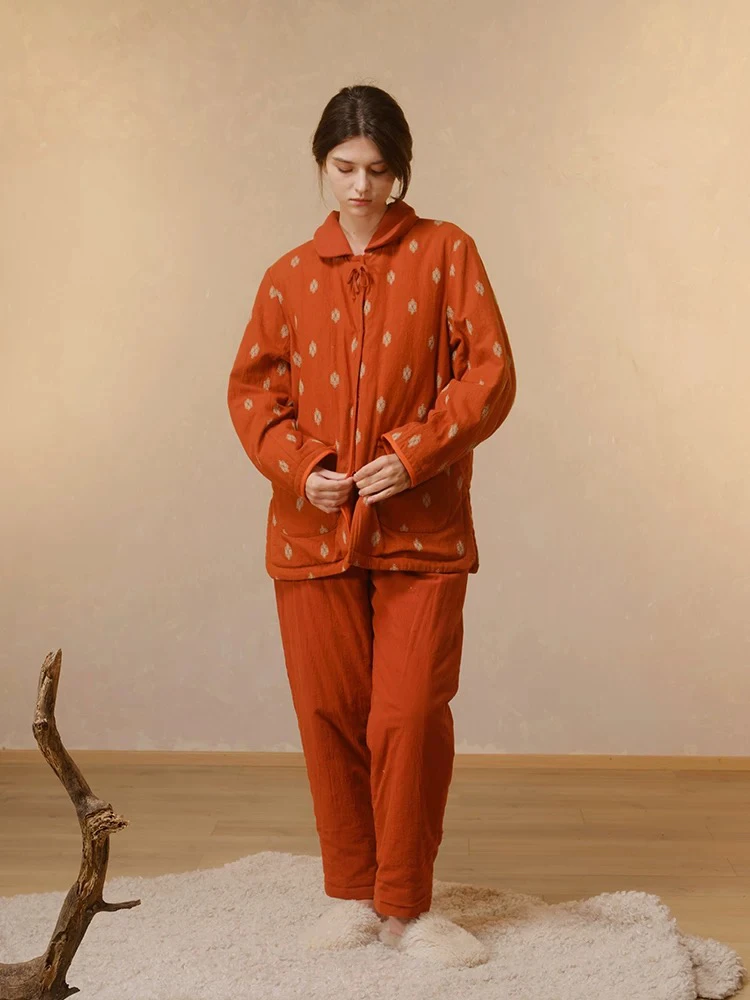 242-077朵朵可可睡衣女2024秋冬新款提花温婉夹棉家居服套装