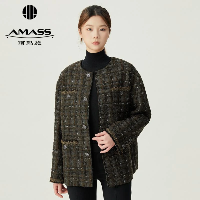 阿玛施AMASS新款女装绵羊毛精致洒脱帅气粗花呢小香风外套5400769