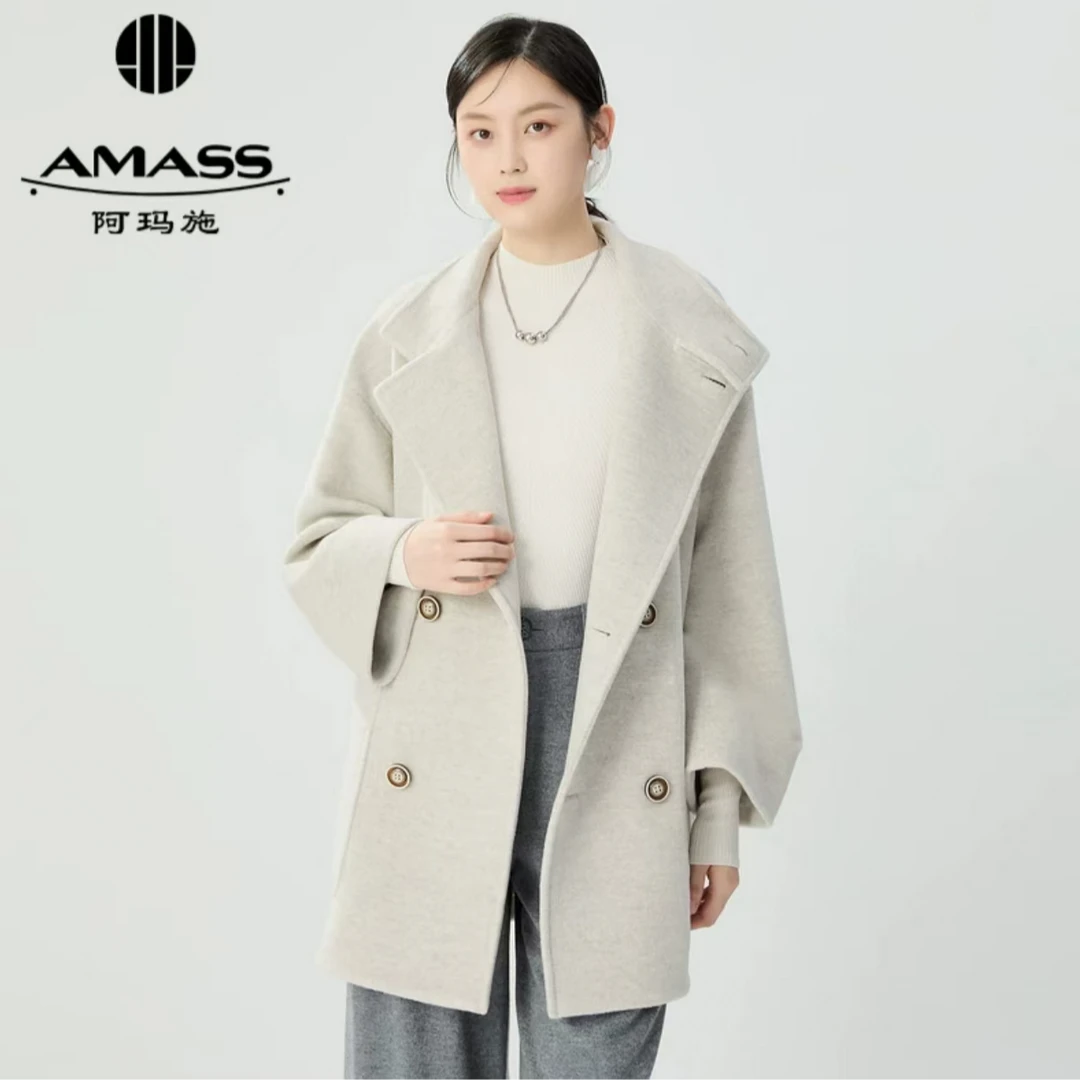 【官方正品】阿玛施AMASS秋冬双排扣绵羊毛大衣外套5400843中长款