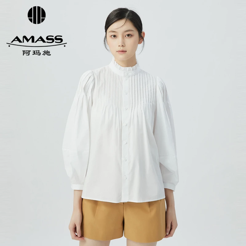 阿玛施AMASS新款女装百搭立领白衬衫复古新中式纯棉衬衫5301044