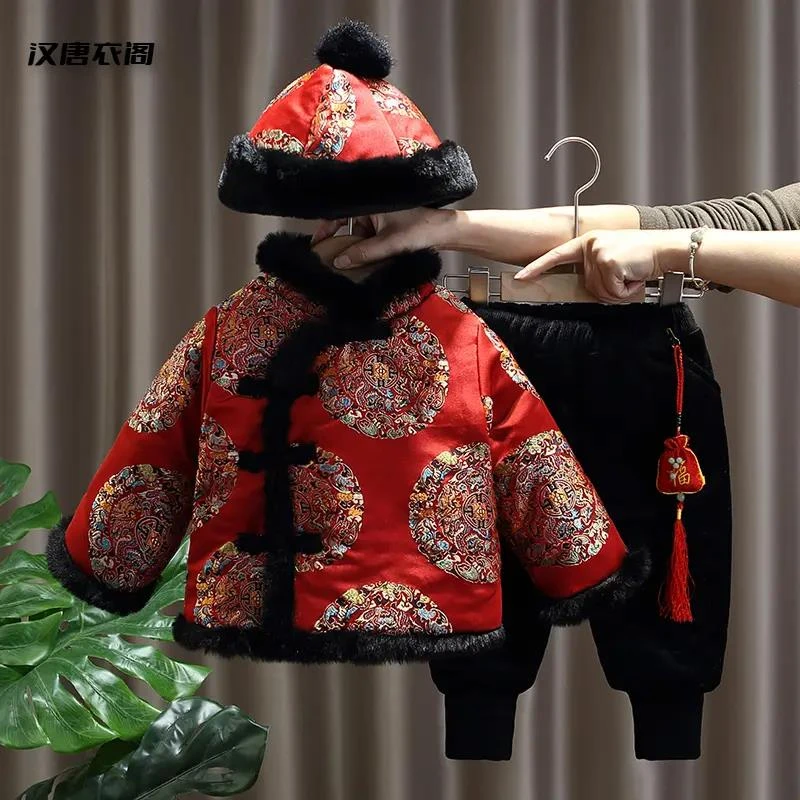 宝宝周岁红色礼服男童冬季唐装婴儿拜年服套装儿童过新年喜庆衣服