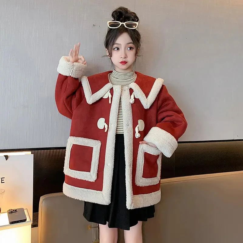 女童大翻领外套皮毛一体2023新款时髦中大儿童羊羔绒加厚秋冬上衣