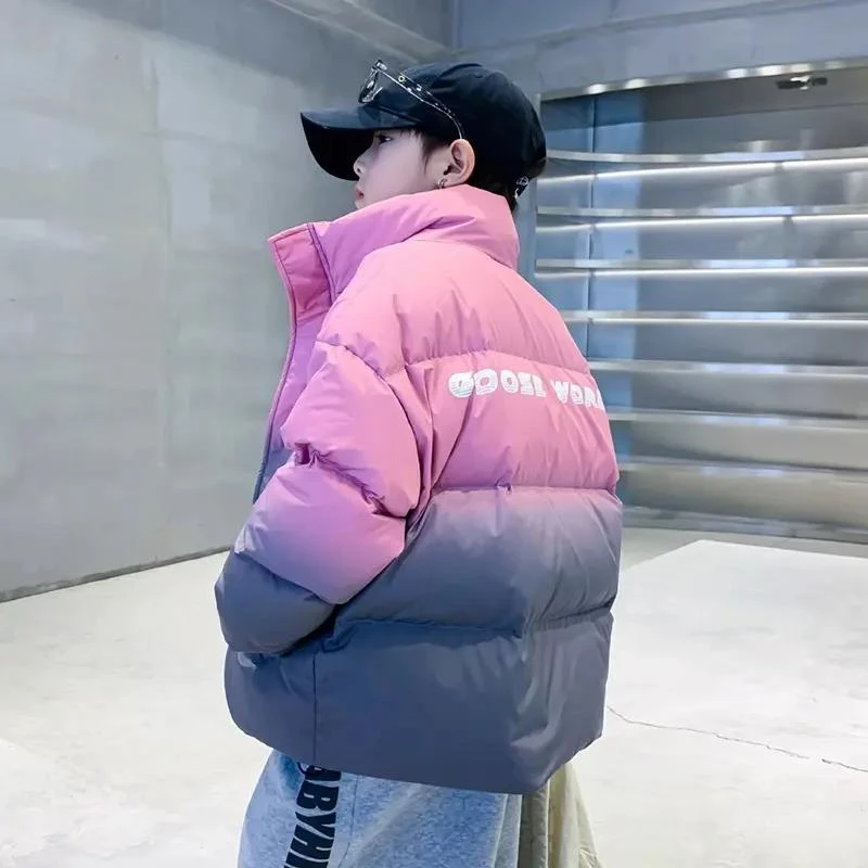 男童冬季渐变粉白鸭绒短款羽绒服2023新款儿童冬装加厚炸街外套潮