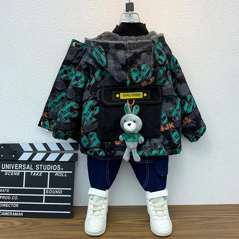 男童加绒外套秋冬季2023新款儿童加厚夹棉衣服小男孩冬装连帽上衣