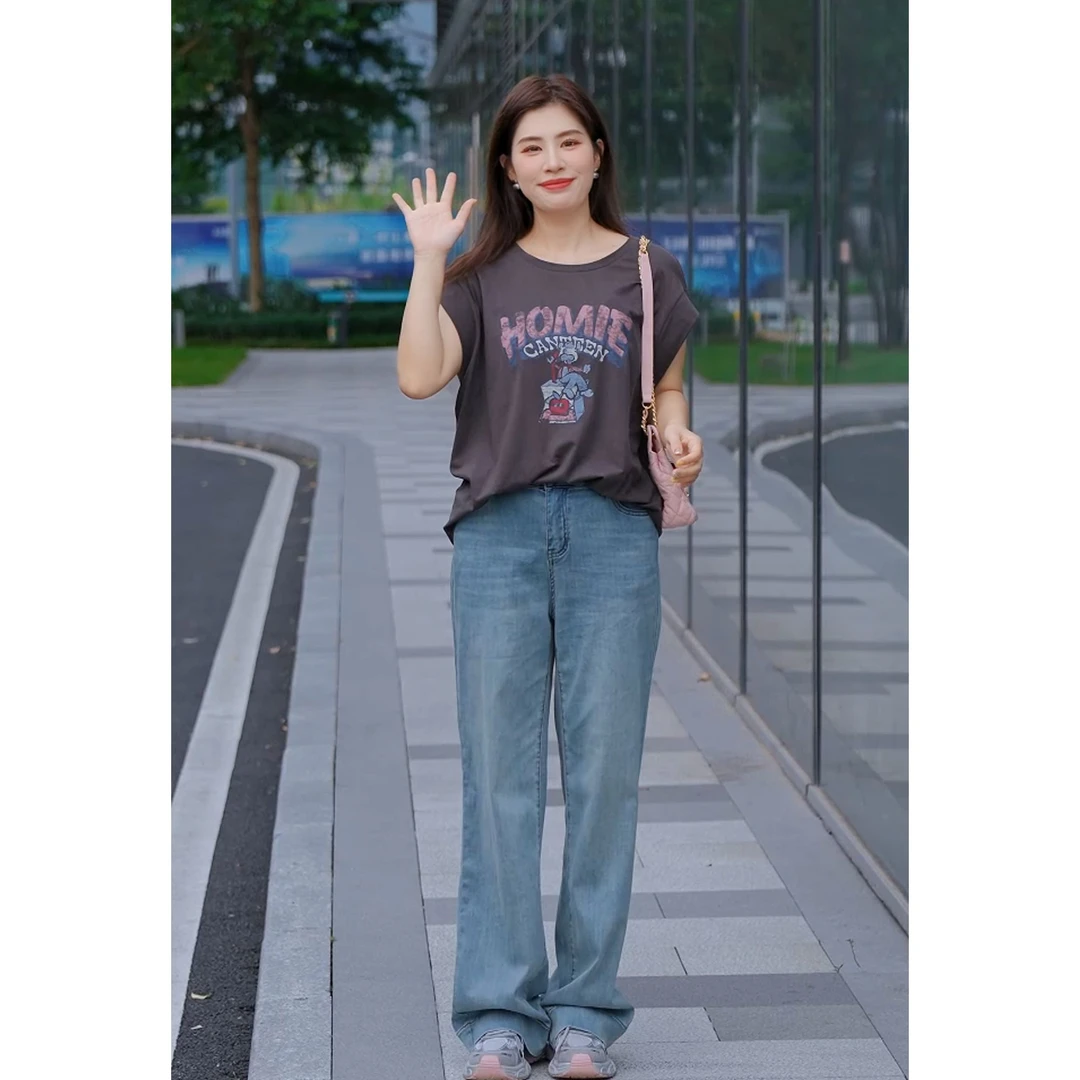 【美式复古】MsShe大码女装夏装防菌防螨平纹针织短袖T恤M2407114