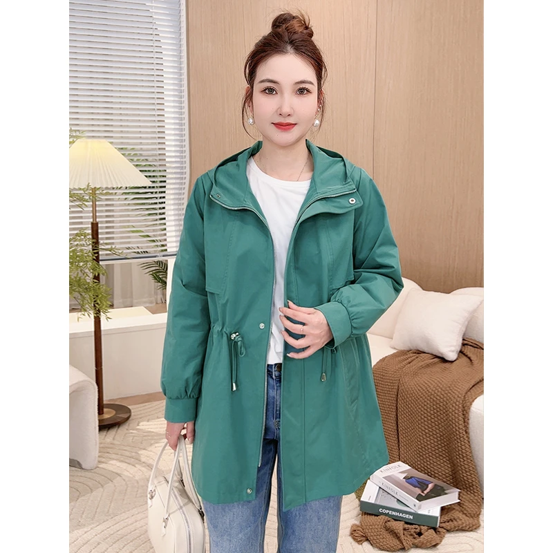 MsShe大码女装早秋户外金属拉链按扣抽绳连帽风衣外套S~M2401154