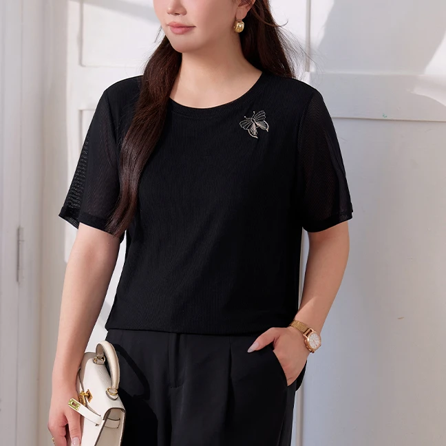 【现货T恤】MsShe大码女装新夏蝴蝶刺绣网布透气短袖S~B2405017