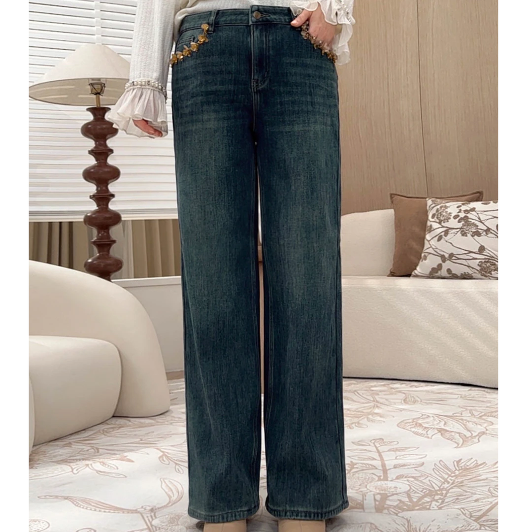 【水晶绒牛仔裤】MsShe大码女装冬时尚亮片阔腿裤S~E2411055