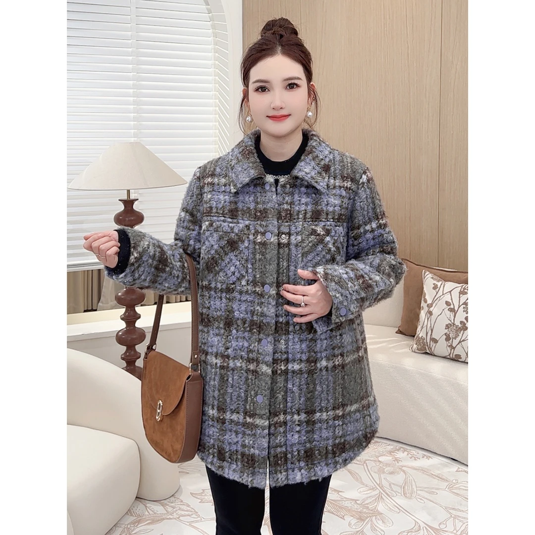 【夹棉加厚圈圈毛呢格纹棉服】MsShe大码女装新冬外套S~E2412019