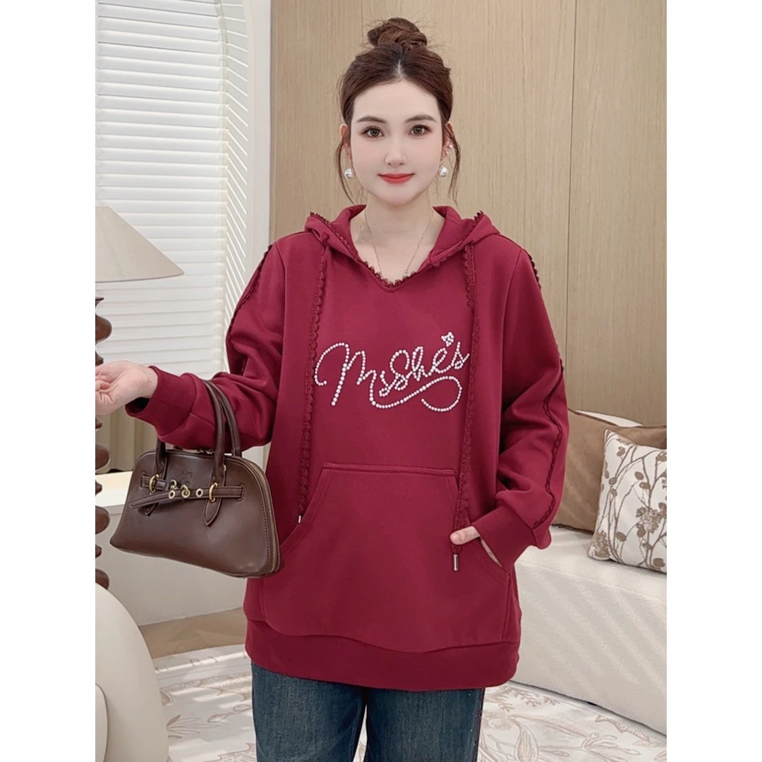 【银狐绒连帽卫衣】MsShe大码女装秋冬花边烫钻加厚保暖TS~E2410032