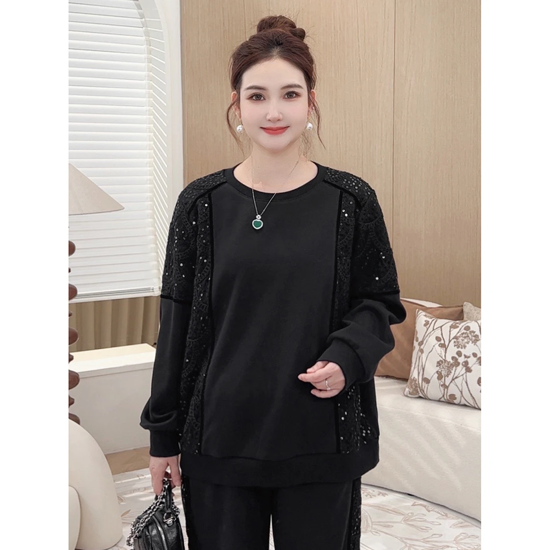 【蕾丝亮片卫衣套装】MsShe大码女装冬时尚银狐绒保暖S~E2410046