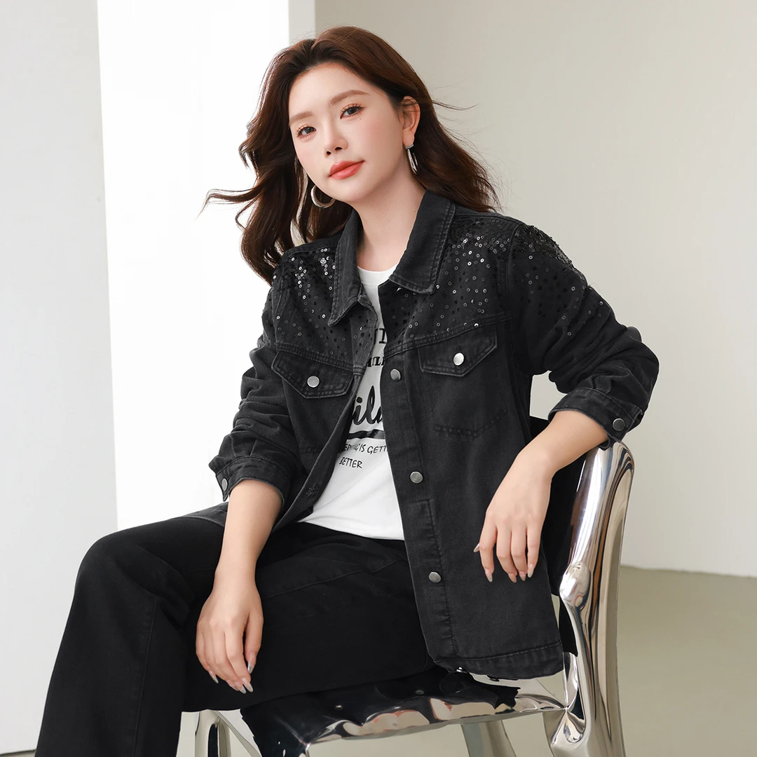 【工装牛仔外套】MsShe大码女装秋冬显瘦重工珠片绣翻领M2209179