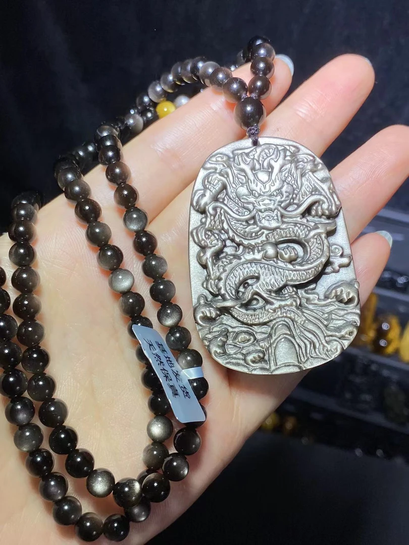 天然银曜石黑曜石龙牌吊坠复古工艺雕刻个性男女项链礼物古法创意