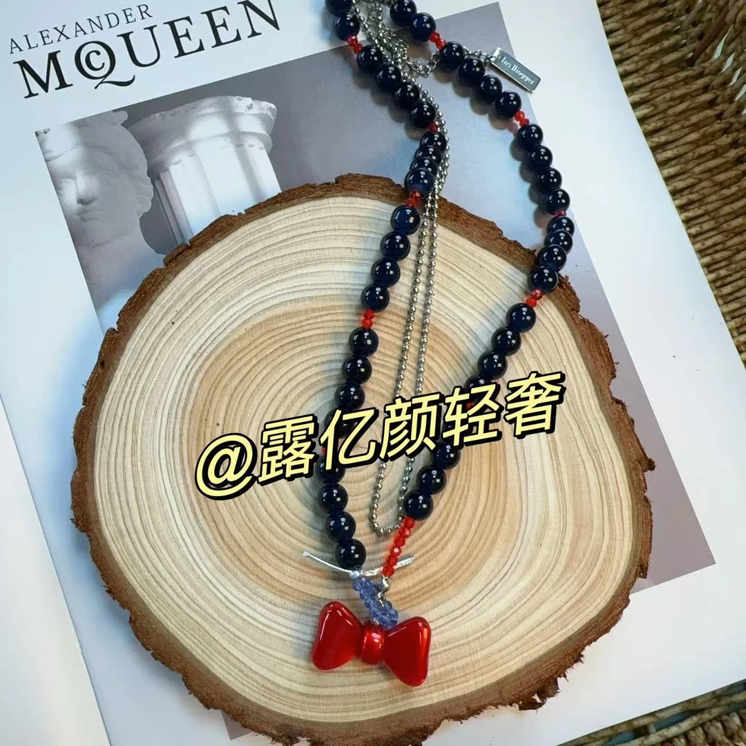 非金属仿水晶项链 LYY东大门定制款小众红色蝴蝶结项链XL5012