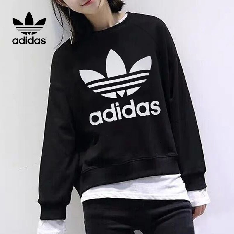 Adidas阿迪达斯三叶草LOGO女经典圆领卫衣黑色秋季休闲宽松套头衫