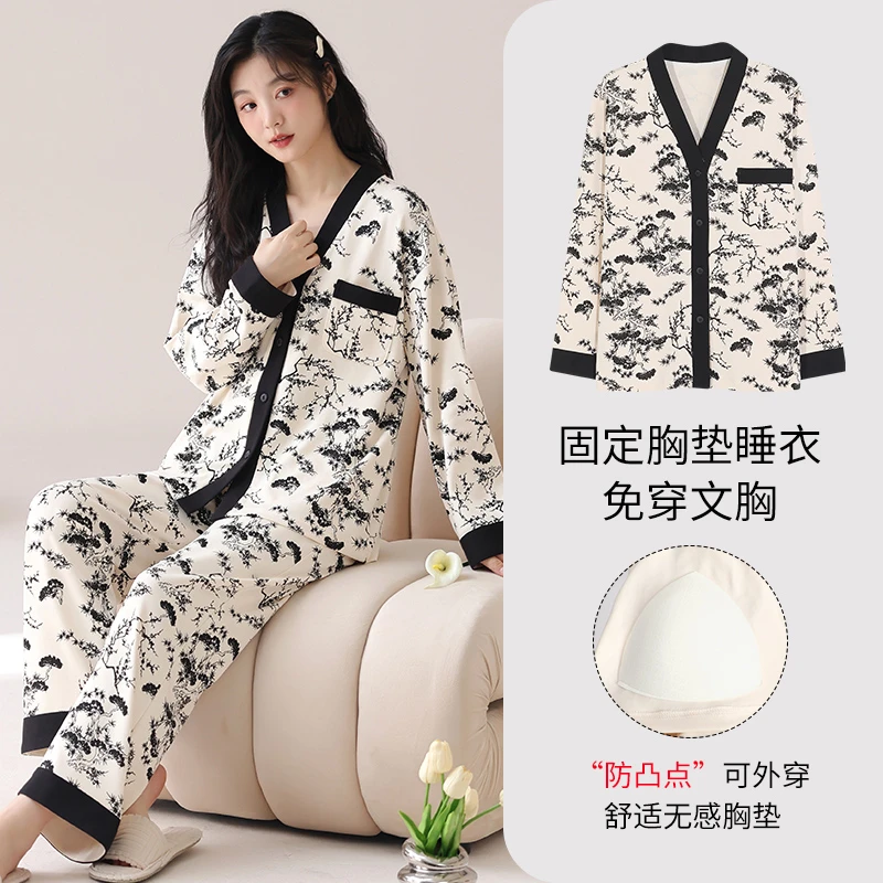 新款和服棉质女士睡衣套装休闲简约可外穿家居服带胸垫