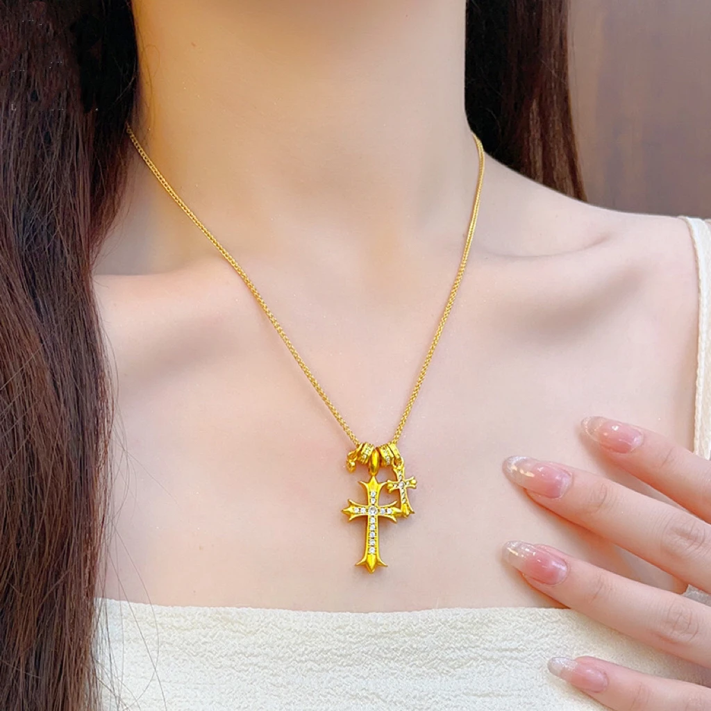 铜合金珐琅项链 西妃名品 镶钻克罗心十字架项链男女款百搭配饰
