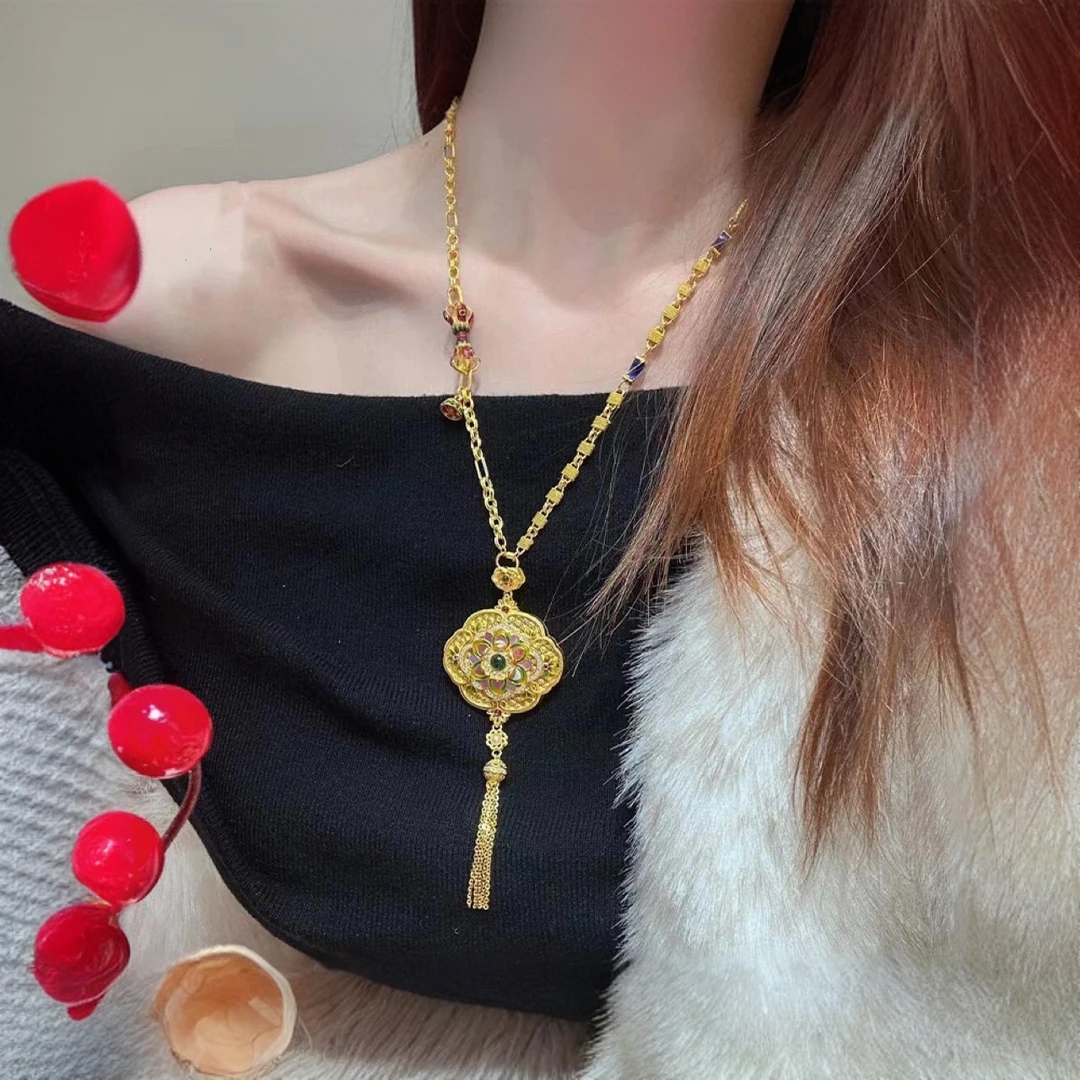 铜合金吊坠 新中式复古风花开富贵花丝螺钿流苏金色锁包吊坠项链